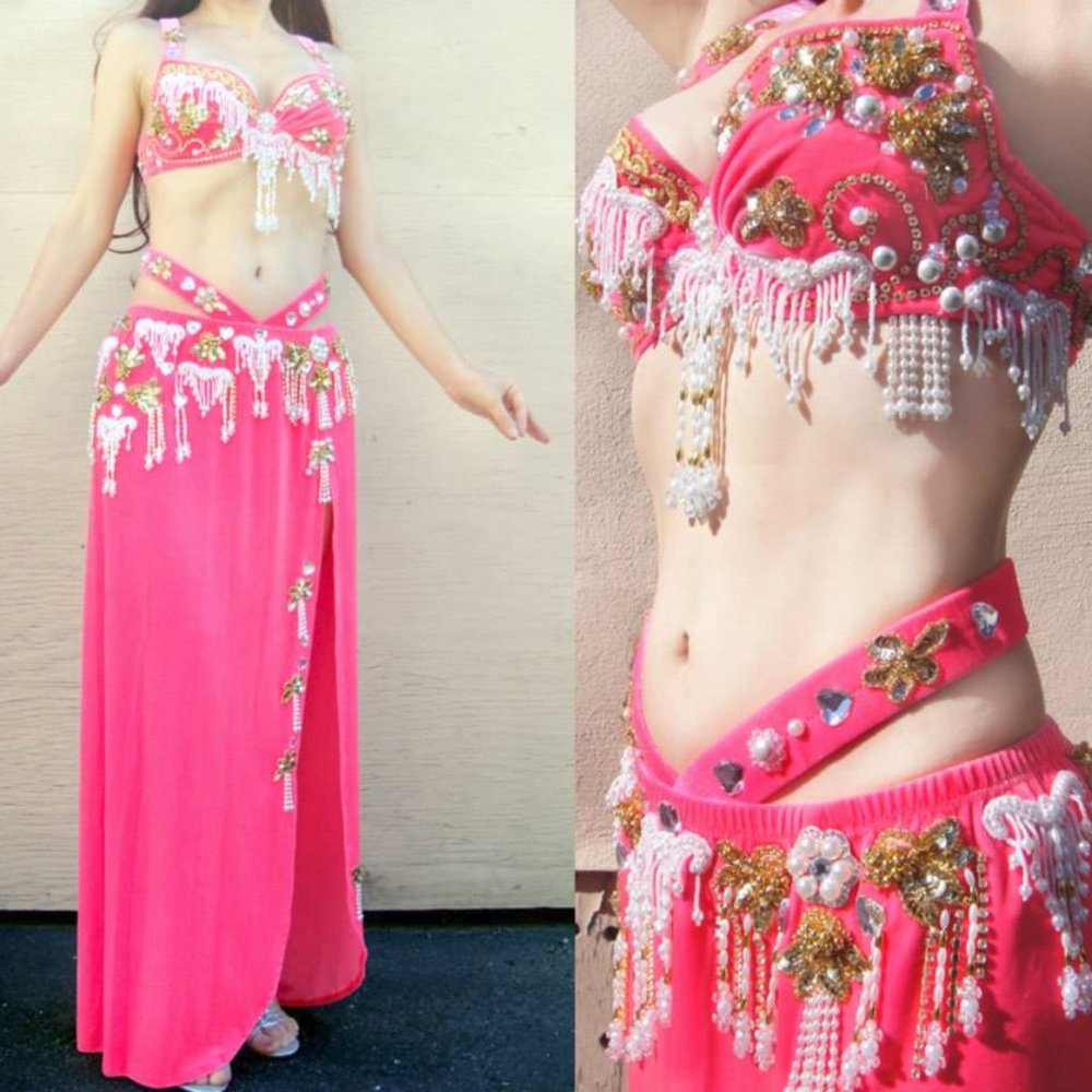 Ameynra Belly Dance Costume Pink Velvet Size L New